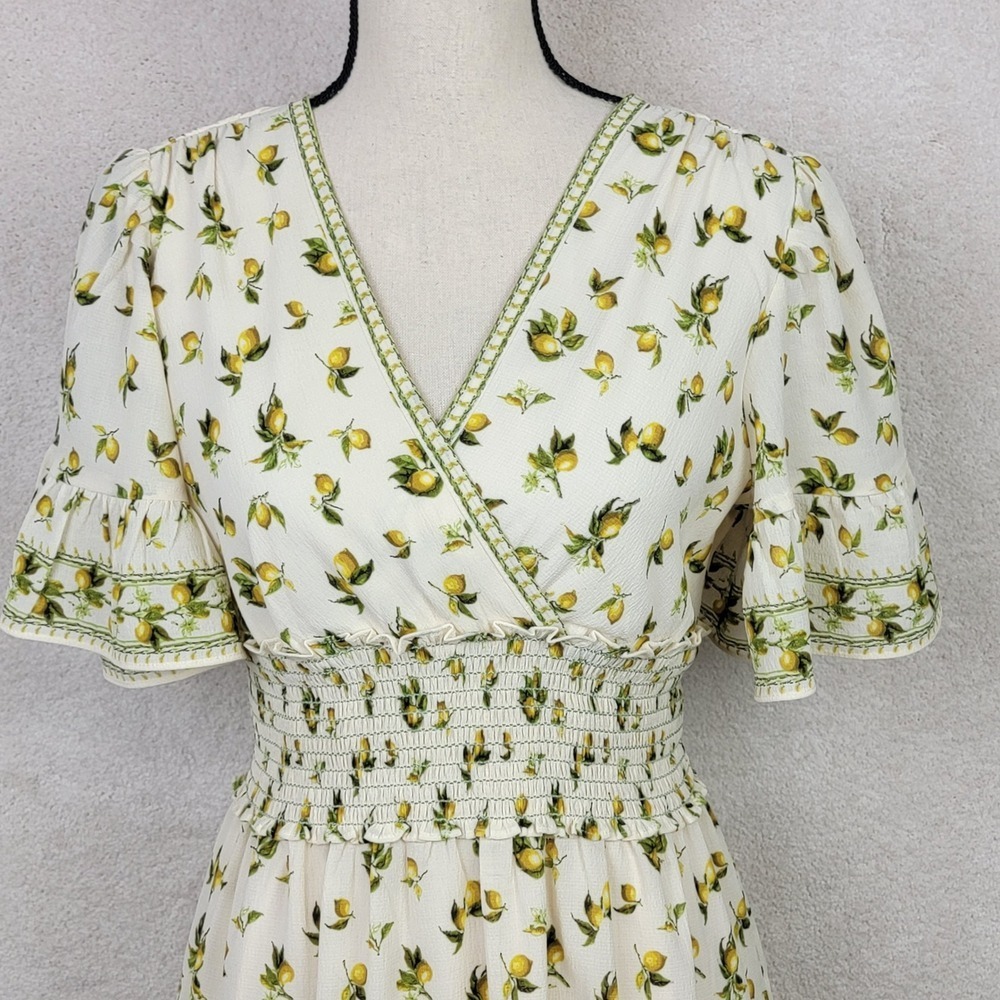 Max Studio NEW Women S Yellow Cream Lemon Print Smocked Cottagecore Sun Dress - Picture 4 of 11